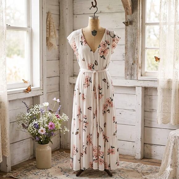Free People Dresses & Skirts - Free People All I Got Floral Ivory Butterfly Boho Maxi Dress Size 8- Cottagecore